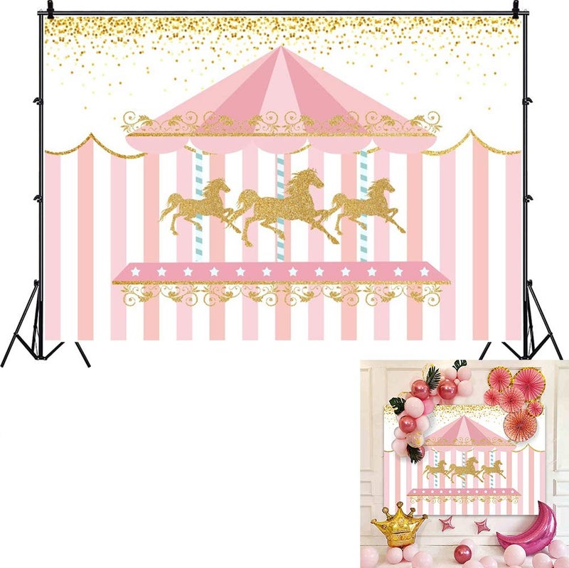 DASHAN 7x5ft Polyester Carousel Backdrop Gold Sequins Pink Stripe Photography Background Baby Girl 1st Birthday Cake Smash Baby Shower Carousel Childen Kids Birthday Party YouTube Photo Prop - Image 1